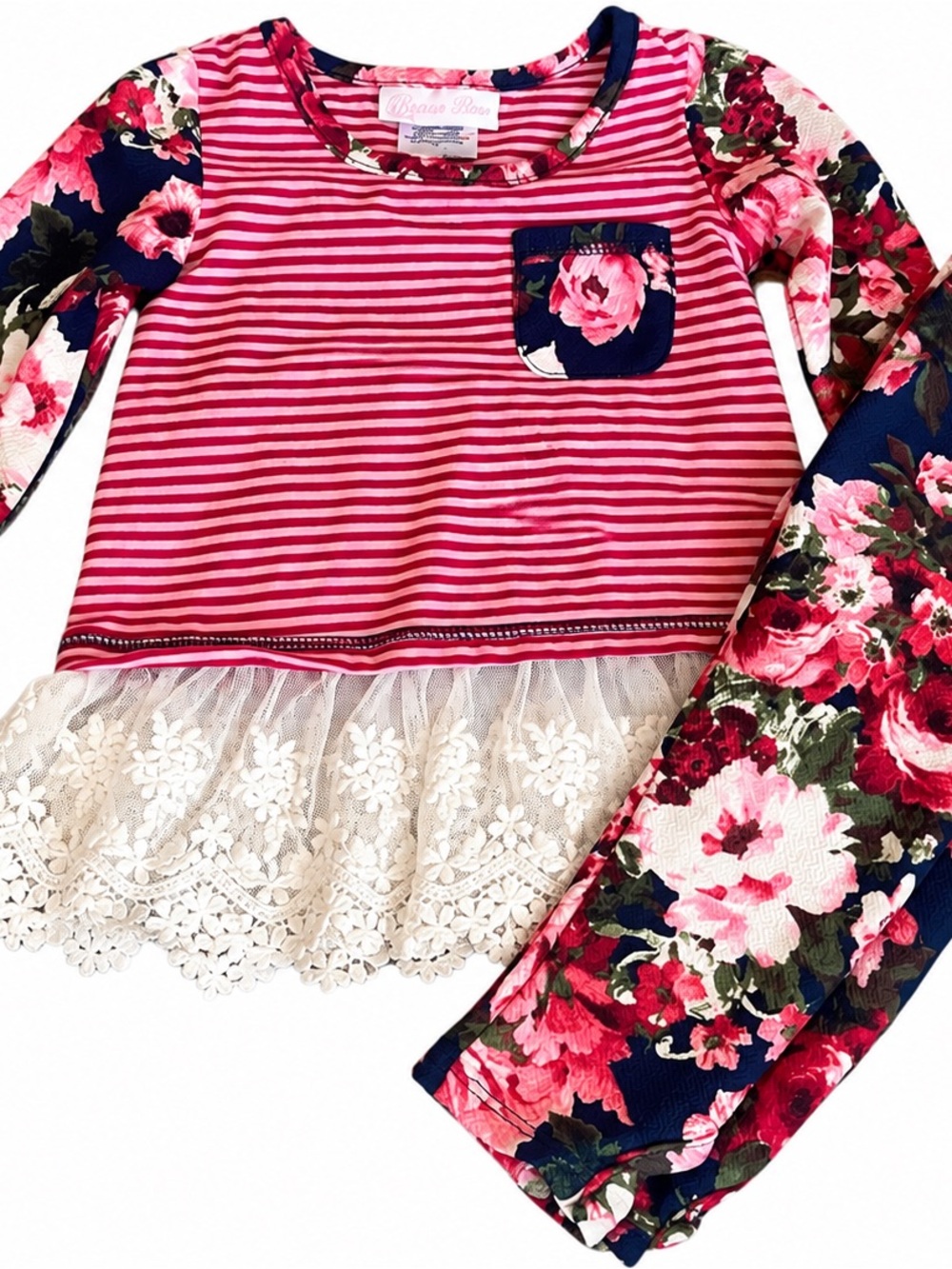 Bonnie Baby Pink Striped Top with Navy Floral Sleeves
